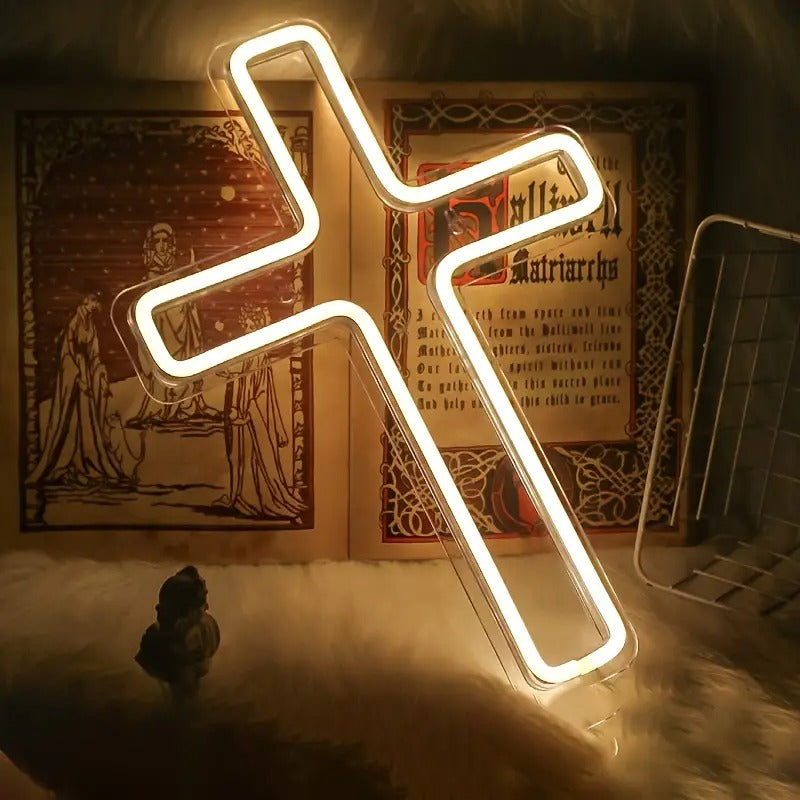1pc USB-Powered Wall Hanging Neon Cross Light - White Cartoon-Style Decorative Sculpture with Push Button Control, No Batteries Needed, Durable Plastic Indoor Lighting for Festivals, Parties, Bedroom, Bar & Living Room, Wall Light Decor,