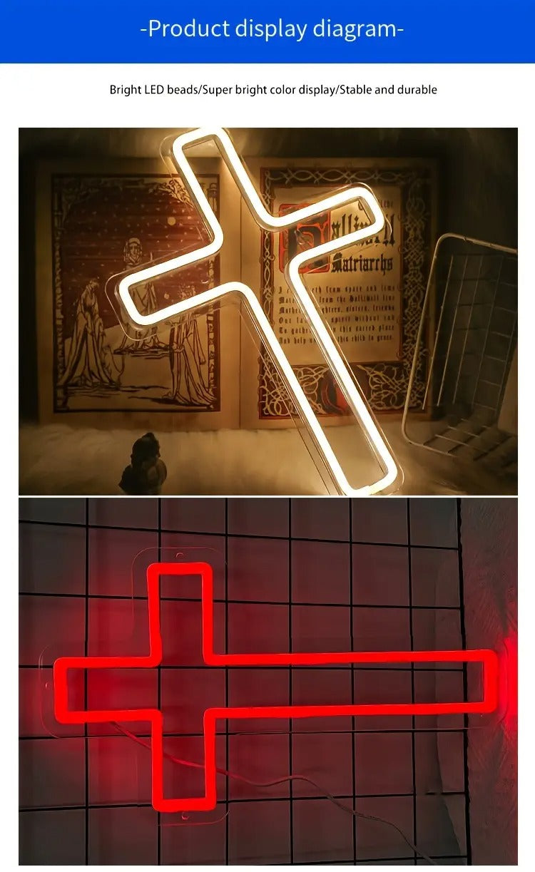 1pc USB-Powered Wall Hanging Neon Cross Light - White Cartoon-Style Decorative Sculpture with Push Button Control, No Batteries Needed, Durable Plastic Indoor Lighting for Festivals, Parties, Bedroom, Bar & Living Room, Wall Light Decor,