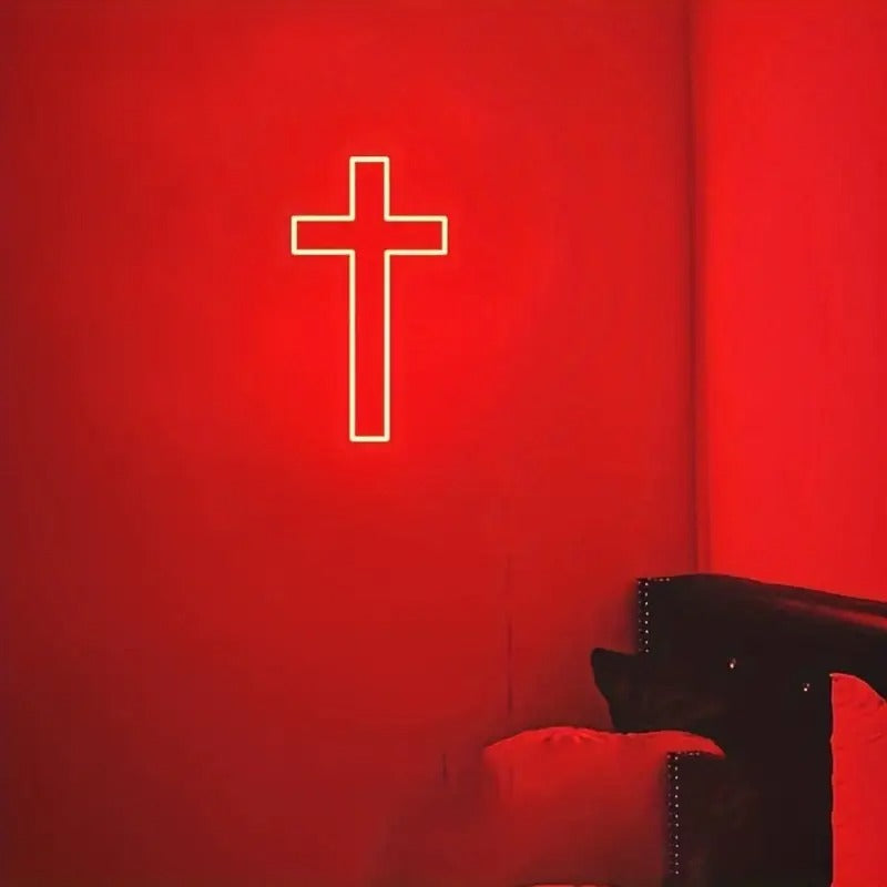 1pc USB-Powered Wall Hanging Neon Cross Light - White Cartoon-Style Decorative Sculpture with Push Button Control, No Batteries Needed, Durable Plastic Indoor Lighting for Festivals, Parties, Bedroom, Bar & Living Room, Wall Light Decor,