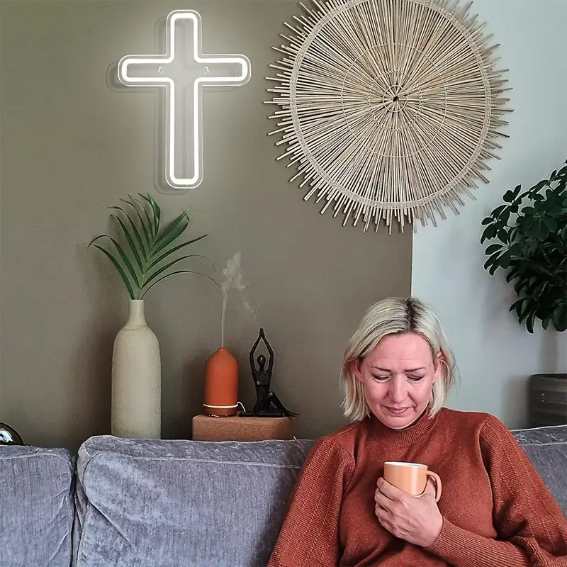 1pc USB-Powered Wall Hanging Neon Cross Light - White Cartoon-Style Decorative Sculpture with Push Button Control, No Batteries Needed, Durable Plastic Indoor Lighting for Festivals, Parties, Bedroom, Bar & Living Room, Wall Light Decor,